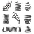 Set of various shaped metal springs tapering, expanding in different places. Compressed, extended coils. Royalty Free Stock Photo