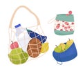 Set of various shopping bags filled with goods. Food basket, paper and plastic packages, string bag. Vector illustration Royalty Free Stock Photo