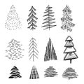 Set of various simple lagom firs with hatching. Hand-drawn Christmas trees. Vector ink element Royalty Free Stock Photo