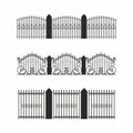 A set of various simple modular metal fence silhouettes. Horizontally seamless metal fence elements. Black silhouettes of fences m