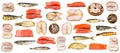 Set of various smoked fishes isolated on white Royalty Free Stock Photo