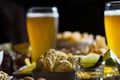 Set of various snacks, pint of lager beer in a glass, a standard set of drinking and eating in a pub Royalty Free Stock Photo