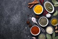 Set of Various spices and herbs on black stone table. Royalty Free Stock Photo