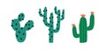 Set of various spiny desert plants or cactuses with thorns. Exotic cacti with spines and blossomed flowers. Colored flat