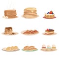 Set with various sweet desserts stack of pancakes, cupcakes, cake, fritters and tartelette. Tasty breakfast. Flat vector