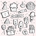 Set of various sweets doodles illustrations. Vector hand drawn simple sweets and candies sketches with cute smily faces. Royalty Free Stock Photo