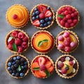 A set of various tartlets with berries and exotic fruits. Generative AI Royalty Free Stock Photo