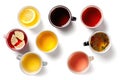 A set of various teas in cups of different colors, isolated on a white background. Generative ai Royalty Free Stock Photo