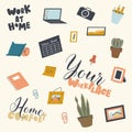 Set of Various Things for Workplace and Home Comfort Laptop, Photo Camera and Picture, Pencils and Cactus, Potted Plant