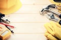 Set of various tools on wooden background Royalty Free Stock Photo