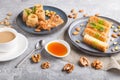 Set of various traditional arabic sweets: baklava, kunafa, basbus in  ceramic plates on a gray concrete background. top view Royalty Free Stock Photo