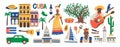 Set of various traditional Cuba colorful attributes vector flat illustration. Collection of Cuban culture, ethnic people