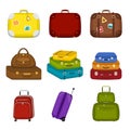 Set of pile travel bags suitcases with stickers on isolated white background. Summer travel handle luggage Traveling baggage