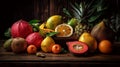 A set of various tropical fruits on a wooden table, generated by artificial intelligence