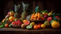 A set of various tropical fruits on a wooden table, generated by artificial intelligence