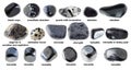 Set of various tumbled black stones with names Royalty Free Stock Photo