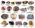 Set of various tumbled brown rocks with names Royalty Free Stock Photo