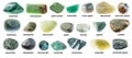 Set of various tumbled green stones with names Royalty Free Stock Photo