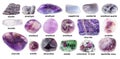 Set of various tumbled purple stones with names Royalty Free Stock Photo