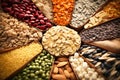 A set of various types of cereals and legumes. Concept of farming and grain expression. Close-up. Healthy eating