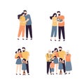 Set of various types of family isolated on white background. Cartoon young couple hugging. Huge family with kids and grandparents