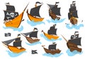 Set of various types stylized cartoon pirate ships illustration with black sails. Galleons with image Jolly Roger. Cute Royalty Free Stock Photo