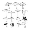Set of various umbrellas, sun & rain protection, elements of decorative ornament & pattern Royalty Free Stock Photo