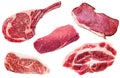 Set of various uncooked beef stakes isolated