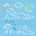 Set of various unique clouds and weather signs on blue background. Hand drawn clouds. Marker stroke sky with sun and