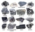 Set of various unpolished black minerals with name