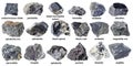 Various unpolished black rocks with names cutout Royalty Free Stock Photo