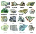 Set of various unpolished green rocks with names