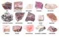 Set of various unpolished pink stones with names Royalty Free Stock Photo