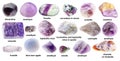 Set of various unpolished purple stones with names