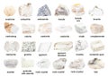 Set of various unpolished white minerals with name