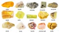 Set of various unpolished yellow rocks with names Royalty Free Stock Photo