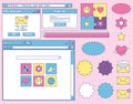 Set of various user interface elements and stickers. Nostalgic retro y2k old computer style. Web browser window, new
