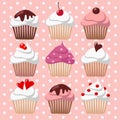 Set Of Various Valentines Cupcakes, Muffins, Illu