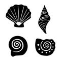 Set of various vector black seashells and starfish isolated on white background. Collection of silhouettes of seashells. Royalty Free Stock Photo