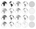 Set of various three-dimensional abstract earth models. Collection of globes with different patterns. Maps with dots Royalty Free Stock Photo