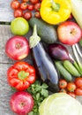 Set of various vegetables and fruits on rustic wooden surface, overhead view. From above, top view Royalty Free Stock Photo