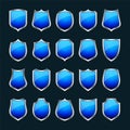 Set of various vintage 3d shield icons. Black heraldic shields. Blue protection and security symbol, label. Vector Royalty Free Stock Photo