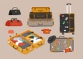 Set of various vintage, retro luggage bags, open suitcase with packed travel stuff, case, clutch and clothes. Hand drawn