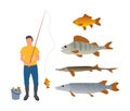 Set of Various Water Inhabitants and Fisherman