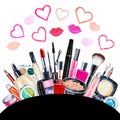 Set of various watercolor decorative cosmetic. Makeup products