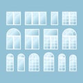 Set of various white plastic windows on blue background. Flat windows collection