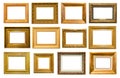 Set of various wide golden wooden picture frames Royalty Free Stock Photo