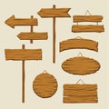 Set of wooden signboards and direction arrows. Blank advertising billboards made out of wood. Signs with place for