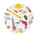 Set of various working tools in circle shape. Building and repairing theme. Home repair. Construction tools. Hand tools for home Royalty Free Stock Photo
