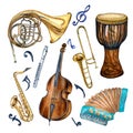 Set of variouse musical instruments and symbol watercolor illustration isolated. Royalty Free Stock Photo